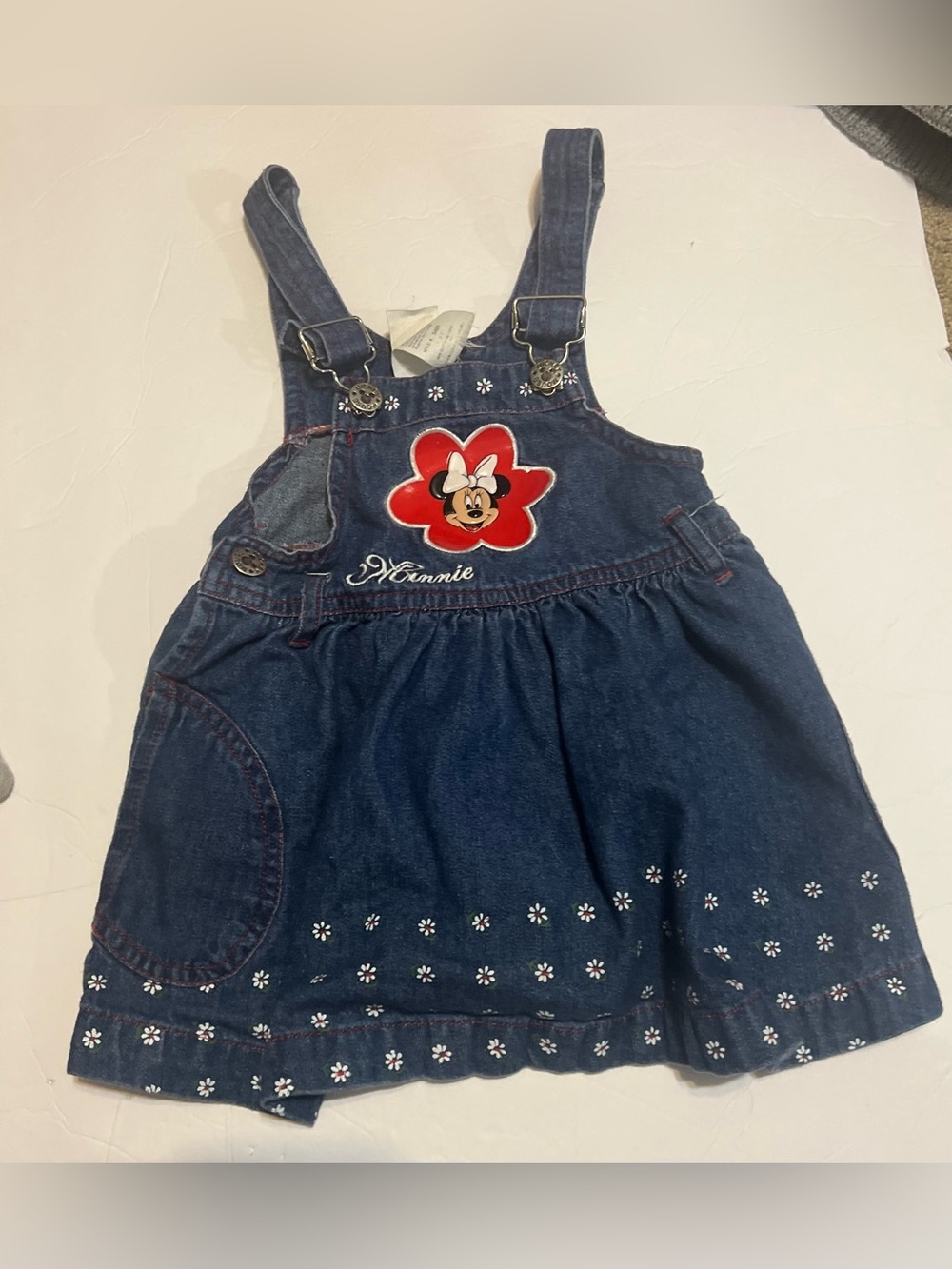 VTG 90’s Mickeys Stuff For Kids Minnie Mouse Denim Overall Dress Red Flower *R